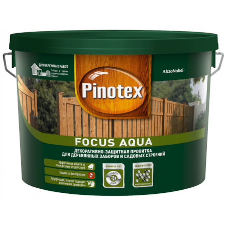  Пропитка Pinotex Focus Aqua  Зеленый лес, для деревянных заборов и садовых строений 9 л., фото 1 